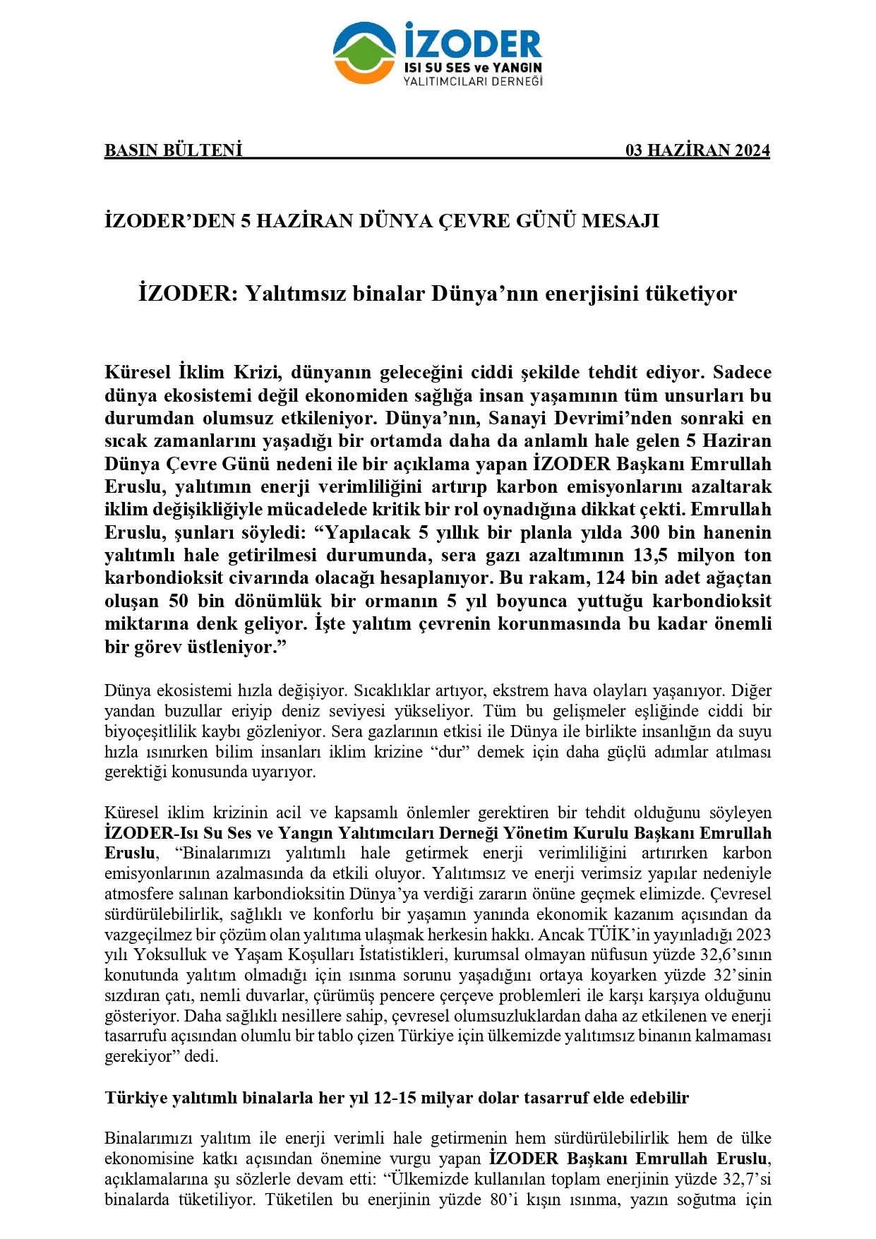 Dünya Çevre Günü Basın Bülteni